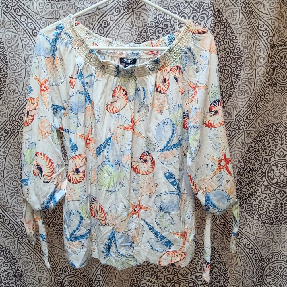 Chaps Denim Blouse Womens Medium White Seashell Starfish Smocked Tie Sleeve